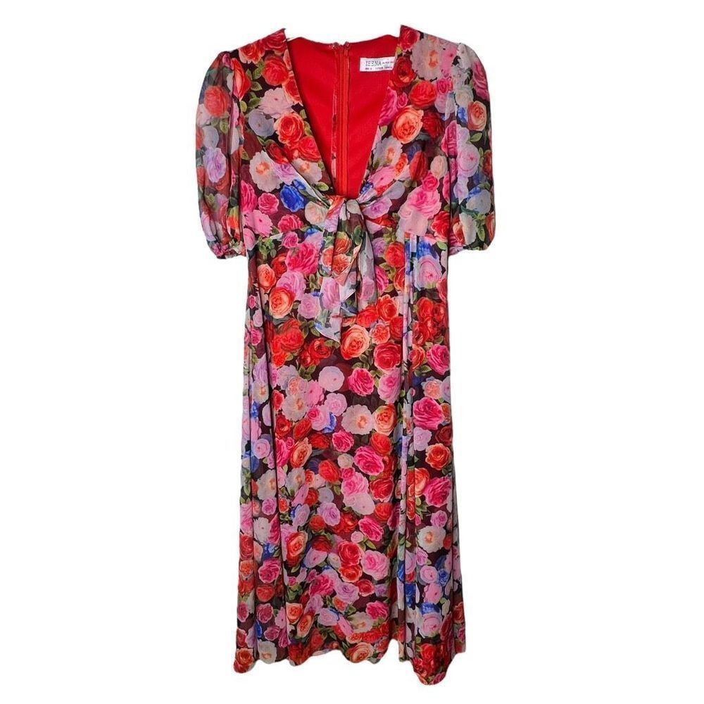 Ieena For Mac Duggal Floral Print Puff Sleeve Side Slit Maxi Dress Red Size 6 - Picture 7 of 12